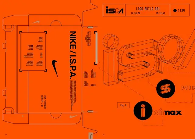 Nike I.S.P.A. orange packaging dieline with logo-build schematic