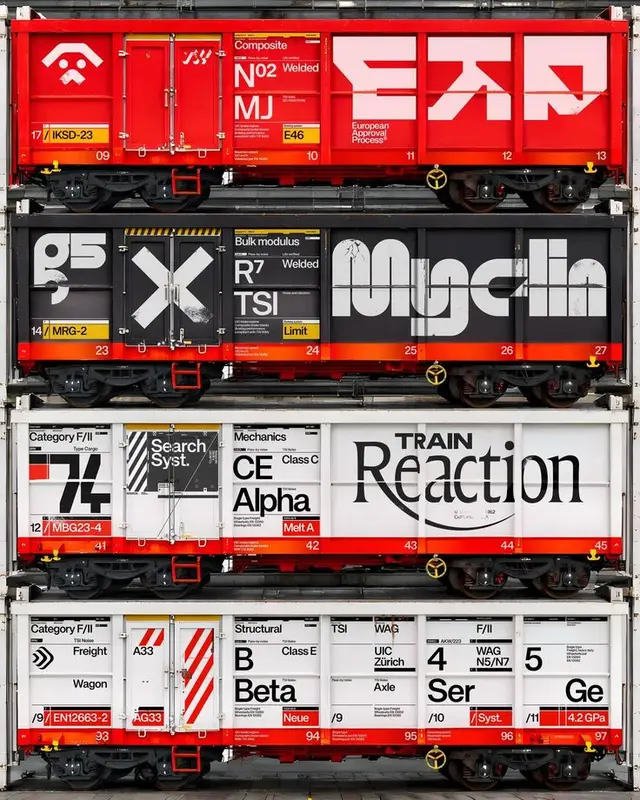 Stacked freight train containers with bold typographic graphics