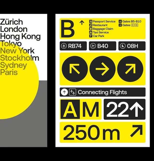 High-contrast airport wayfinding poster with city list and directional signage