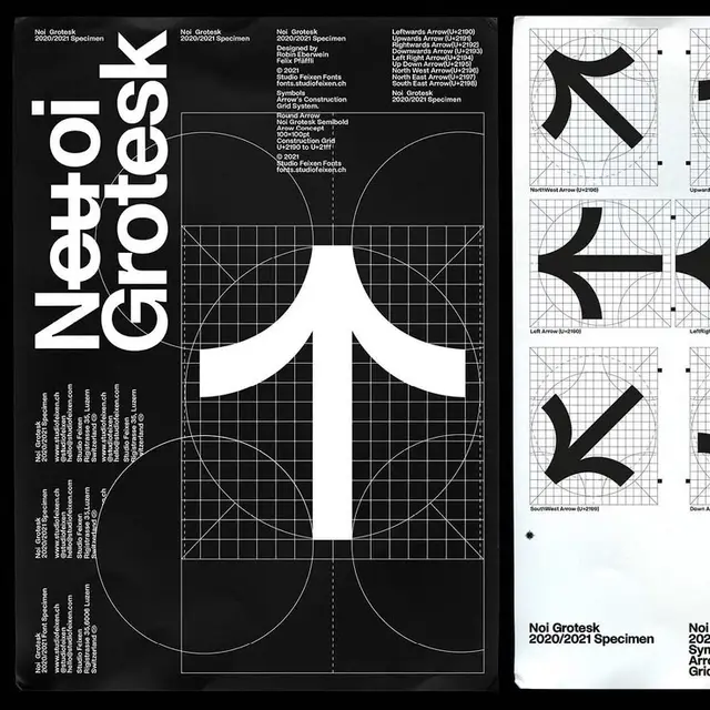 Noi Grotesk specimen poster — arrow glyph construction