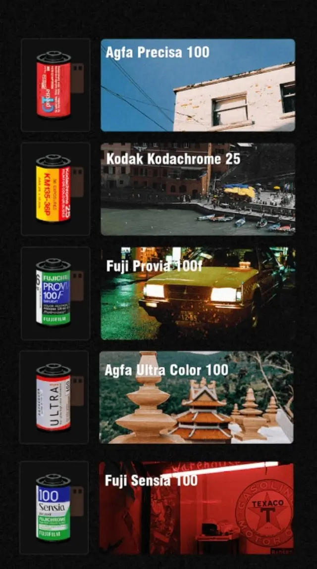 Film stock comparison poster — Agfa, Kodak, Fuji (Precisa / Kodachrome / Provia / Ultra /