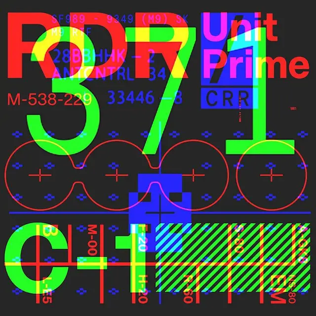 Neon glitch schematic poster with 'Unit Prime', large 37 and C-1 numerals