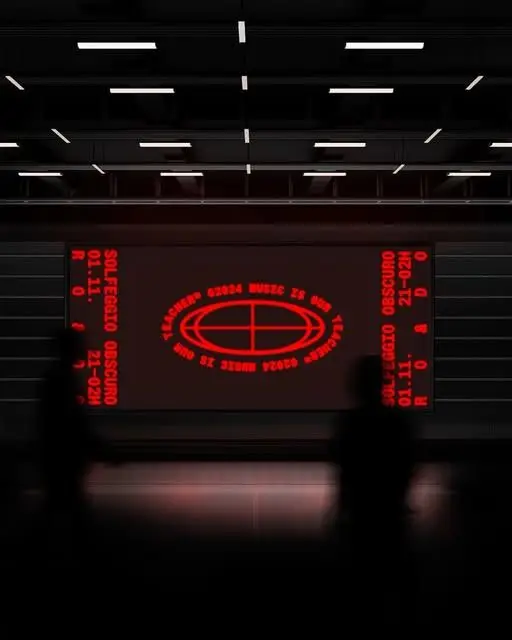 Dark exhibition hall with red oval grid LED display
