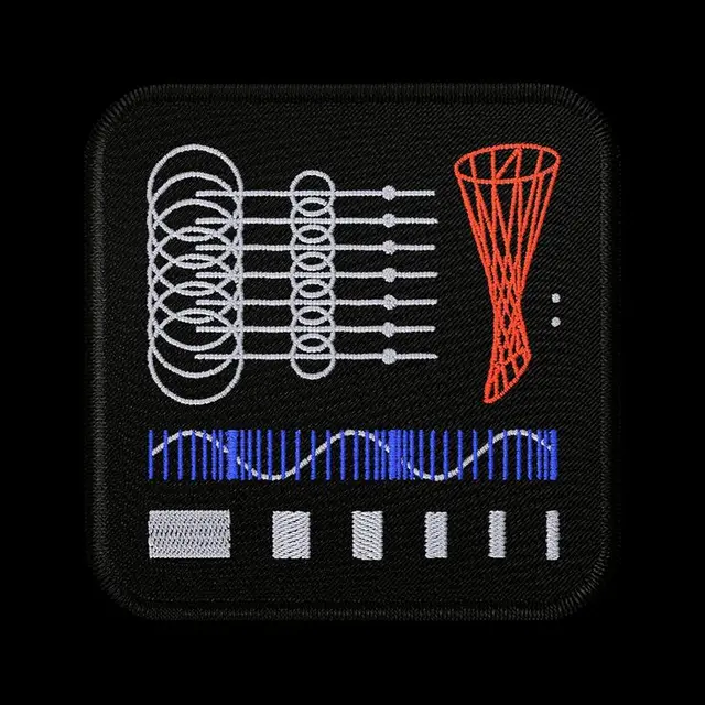 Black embroidered patch with geometric waveform and hyperboloid motif