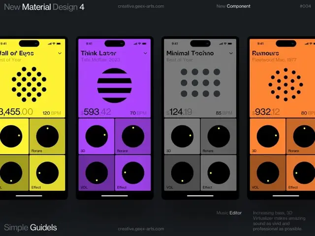 Material Design music-editor UI: four colorful smartphone mockups