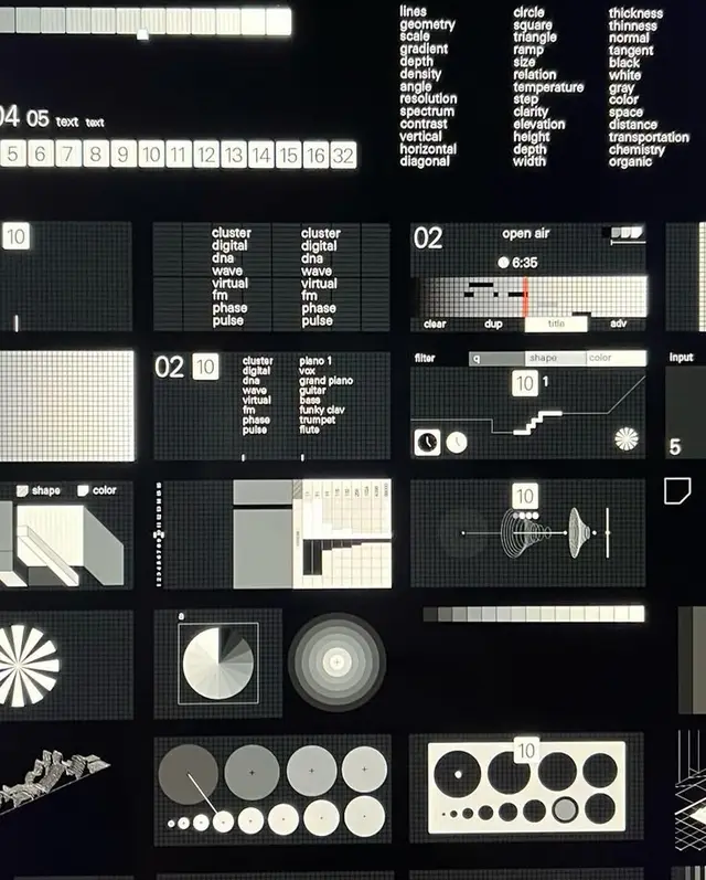 Monochrome modular UI grid with data + audio control panels