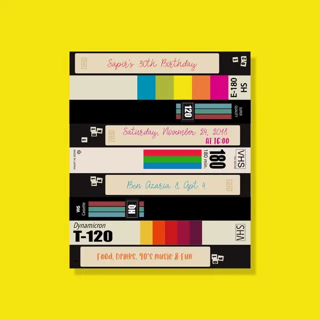 90s VHS cassette spine party invitation on yellow background