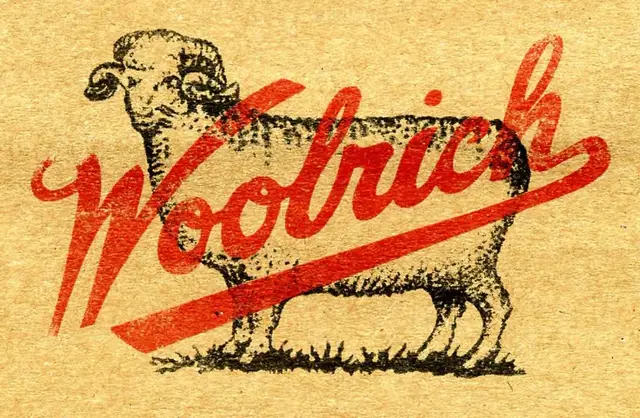 Vintage Woolrich red script over engraved sheep on kraft paper