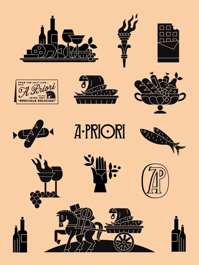A·PRIORI vintage food-and-travel icon set — black silhouettes on peach