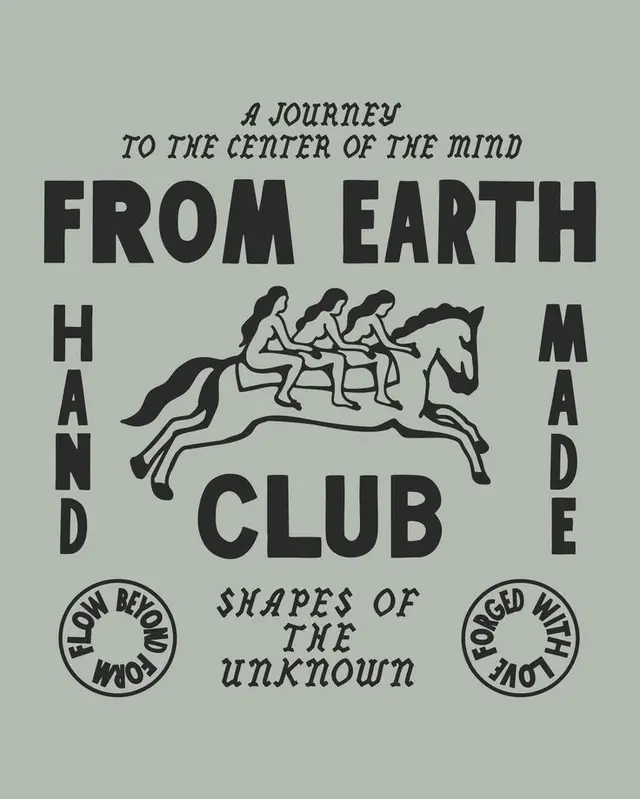 Vintage-style 'From Earth Club' poster with three riders on horse