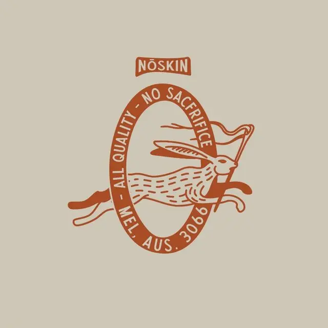 Vintage NŌSKIN hare badge — "All Quality - No Sacrifice" seal (Mel. Aus. 3066)