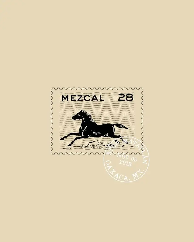 Vintage mezcal postage stamp with galloping horse and Oaxaca postmark