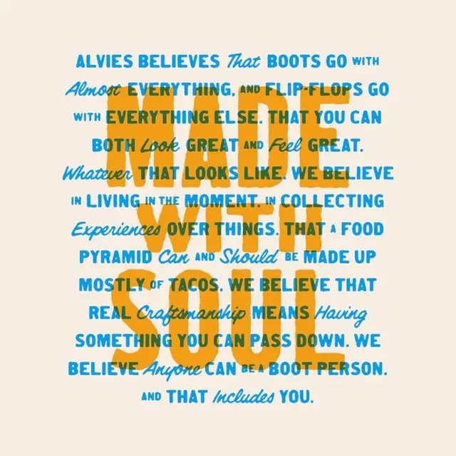 Alvies manifesto poster — layered mustard block type with blue handwritten text