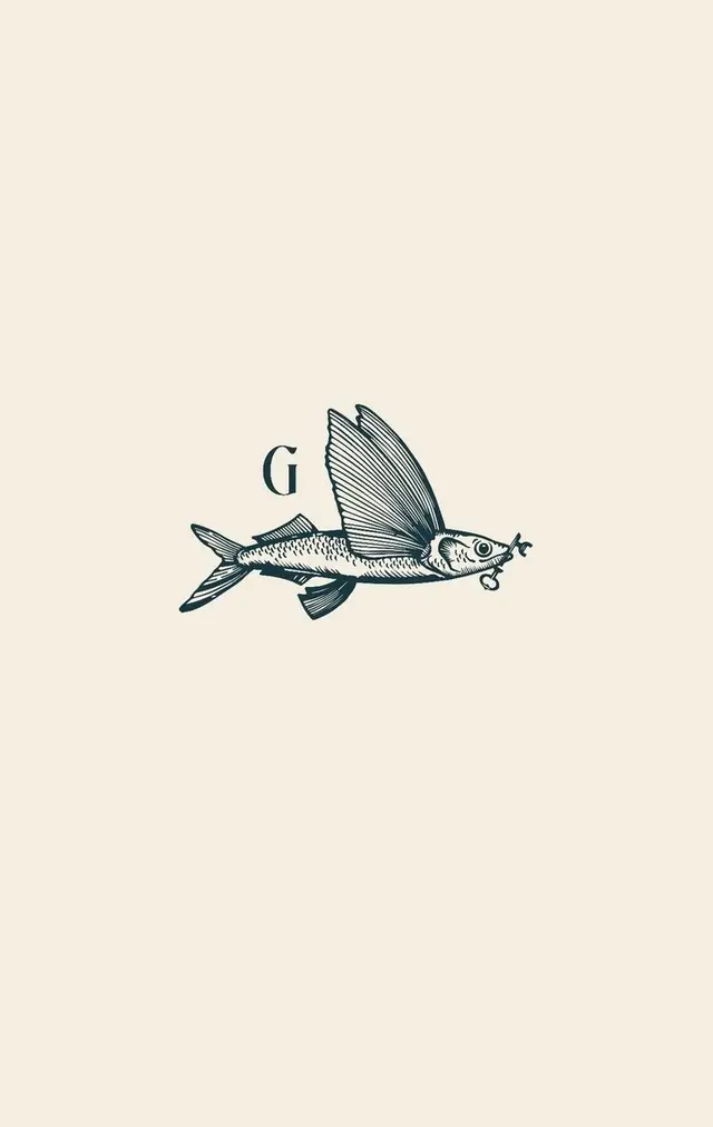 Engraving-style flying fish with 'G' monogram on cream background