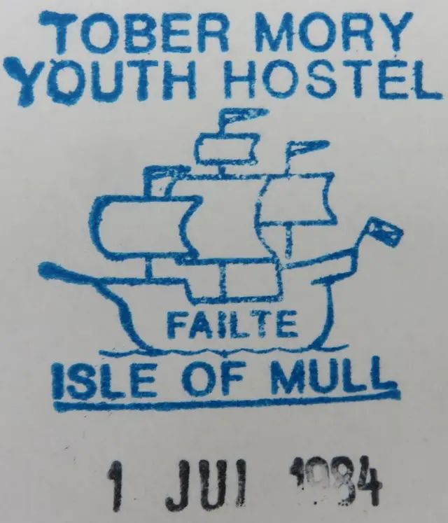 Tober Mory Youth Hostel blue stamp — Isle of Mull, sailing ship motif