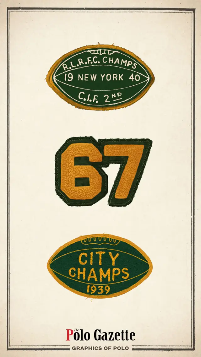 Vintage Polo Gazette page with embroidered championship patches and chenille number 67