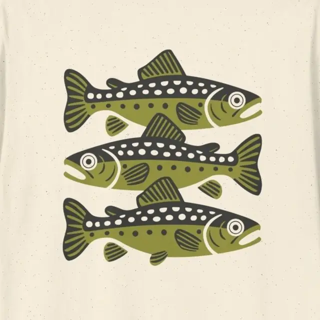 Three Olive-Green Spotted Fish Illustration on Speckled Cream Background