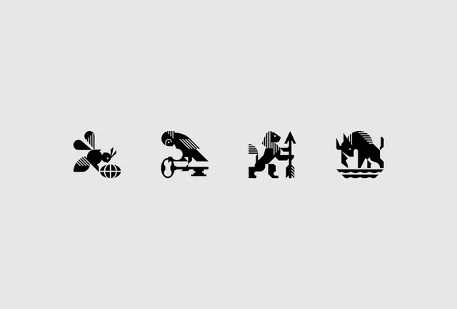 Monochrome Geometric Animal Icon Set — Bee, Perched Bird, Lion, Rhino