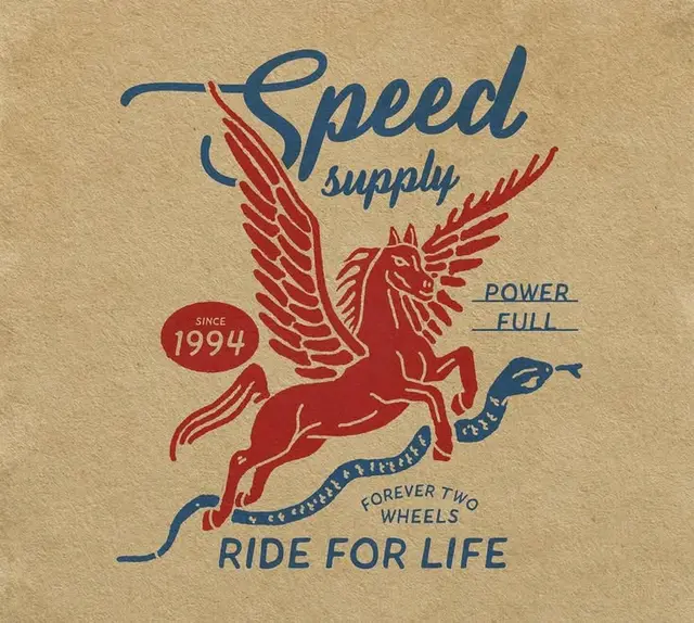 Retro "Speed supply" logo with winged horse and snake on kraft paper