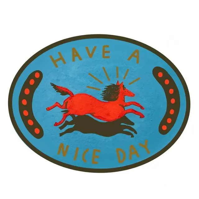 Retro Oval Badge — Red Running Horse with 'HAVE A NICE DAY' Text