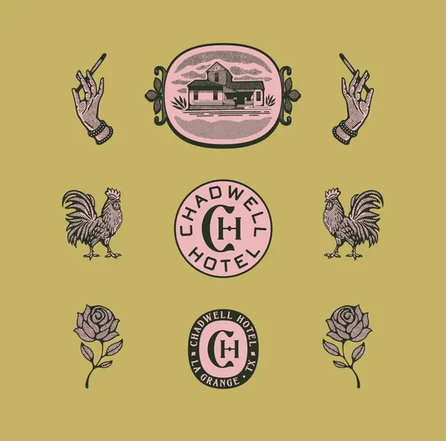 Chadwell Hotel vintage badge sheet — roosters, roses, farmhouse vignette