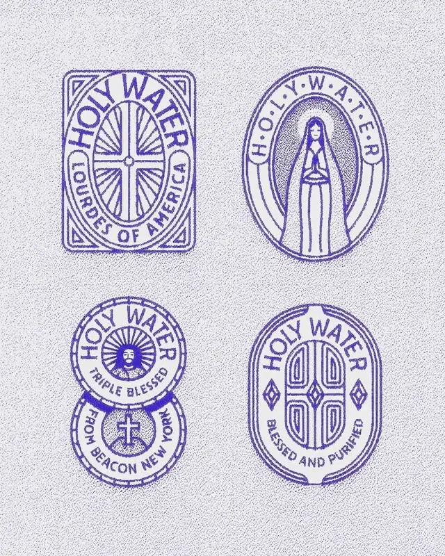 Vintage purple holy water bottle labels — four halftone stamp designs
