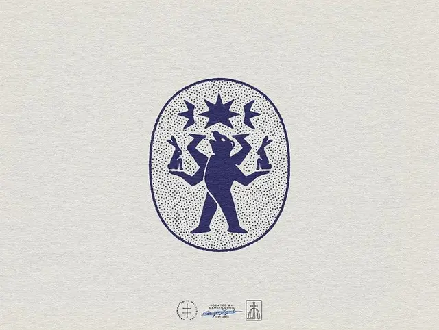 Navy Mythic Frog Emblem with Stars and Rabbits on Textured Paper