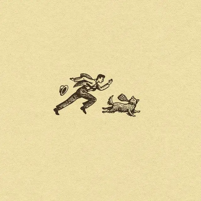 Vintage pen-and-ink illustration of man chasing dog on cream paper