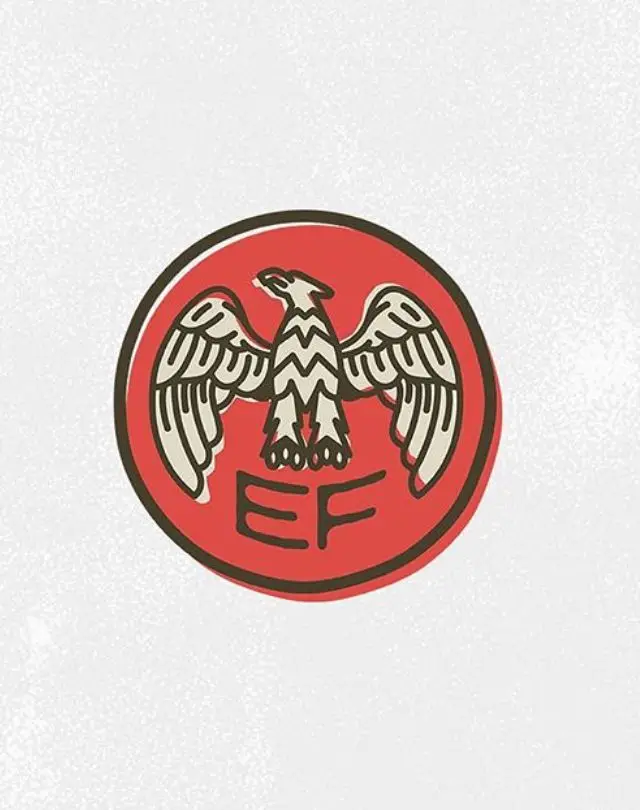 Red circular emblem with stylized eagle and "EF" letters