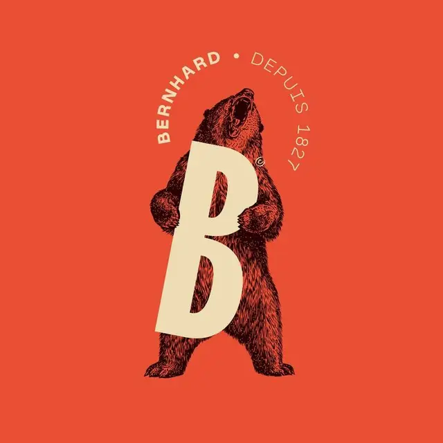 Vintage bear emblem with oversized 'B' and arched "BERNHARD • DEPUIS 1827"