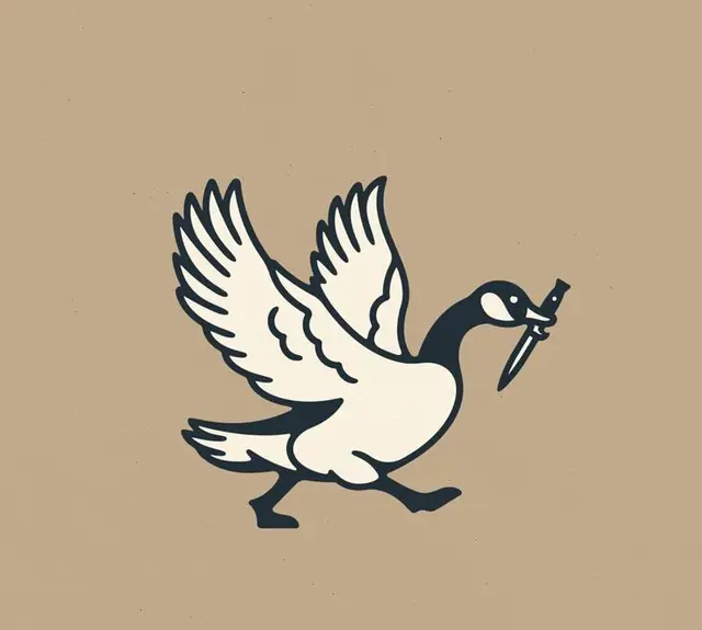 Retro two-tone goose mascot carrying a dagger