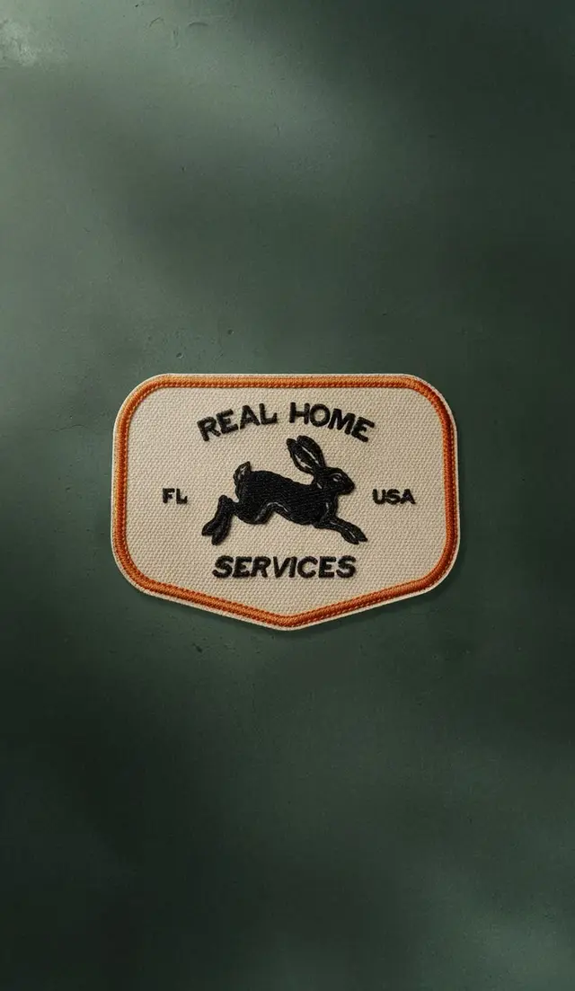 Embroidered 'Real Home Services' rabbit patch on dark green fabric