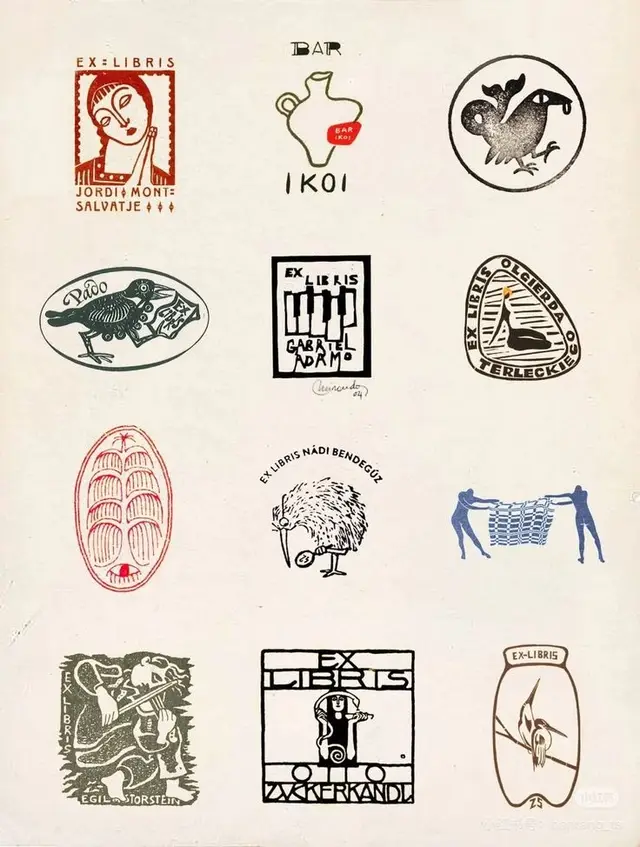 Sheet of vintage ex‑libris bookplate designs (woodcut/linocut)