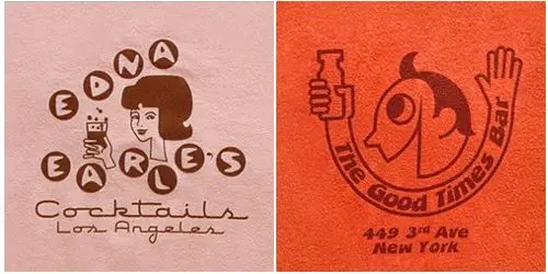 Vintage cocktail napkin logos — Edna Earle's (Los Angeles) and The Good Times Bar (New Y o