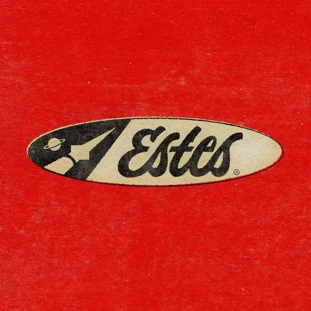 Vintage Estes oval logo on red textured background