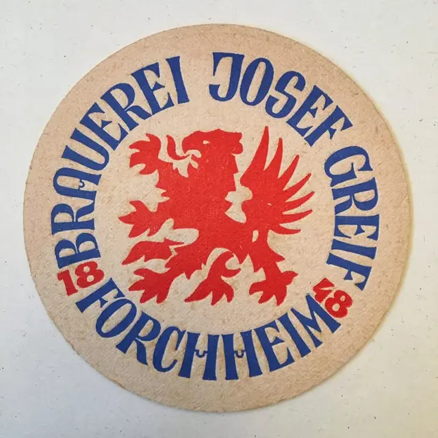 Vintage Brauerei Josef Greif Forchheim beer coaster with red griffin emblem