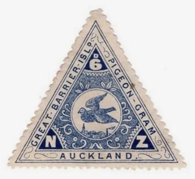 Triangular pigeon-gram stamp — Great Barrier Island, Auckland (blue on cream)