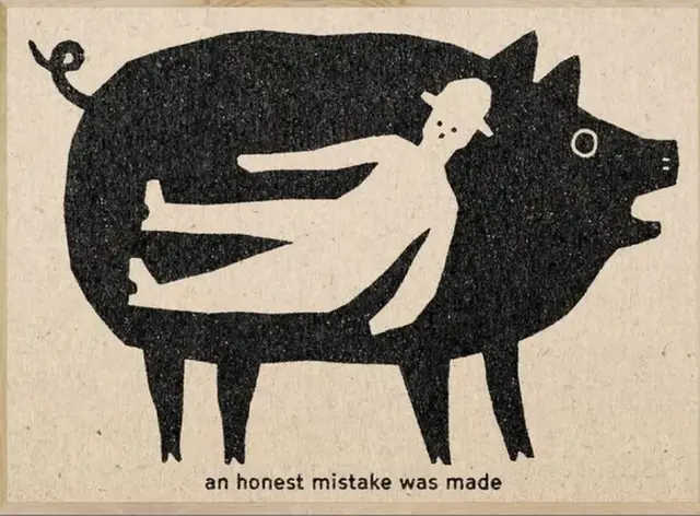 Vintage block-print illustration — man inside pig with caption
