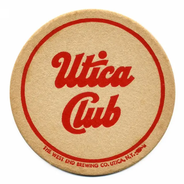 Utica Club round kraft beer coaster — red script logo