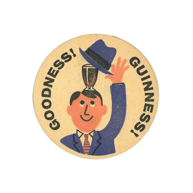 Vintage Guinness coaster — man balancing pint, tipping hat