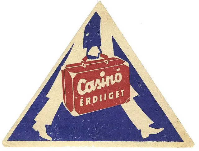 Vintage triangular sticker with blue walking legs and red 'Casino' suitcase