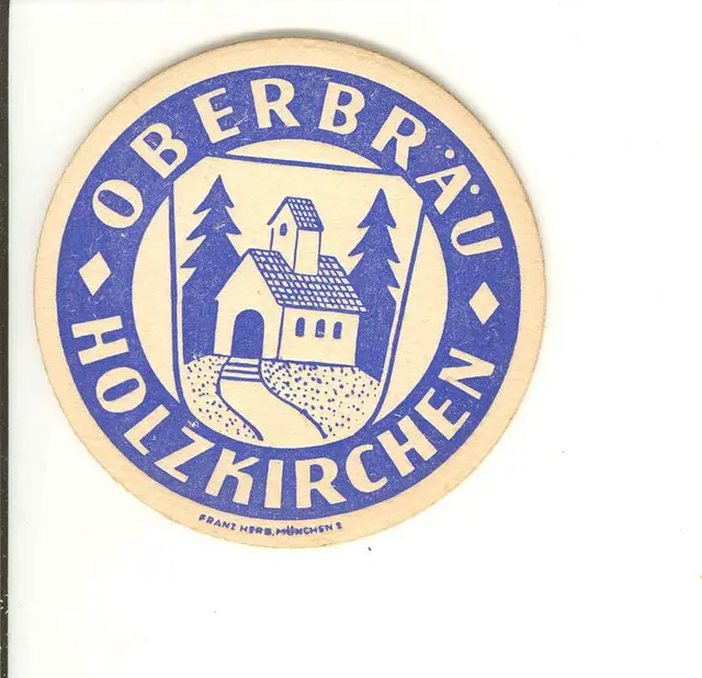 Vintage OBERBRÄU HOLZKIRCHEN circular beer coaster — blue print