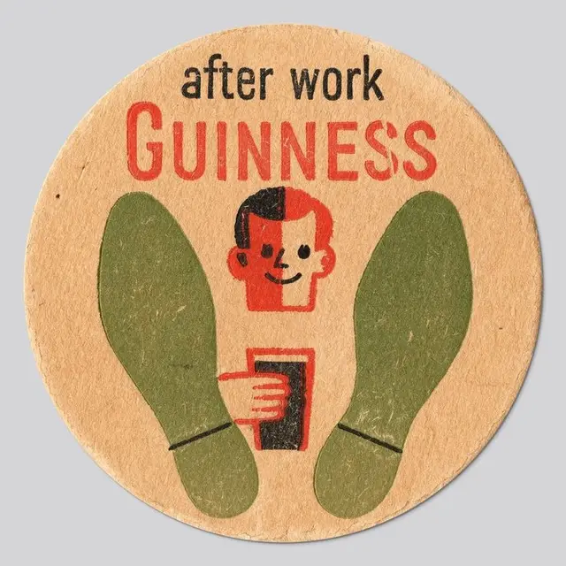 Vintage Guinness 'after work' round beer coaster, mid-century graphic