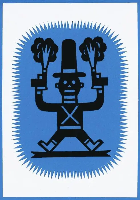 Folk‑art silhouette of toy soldier with twin torches on blue starburst