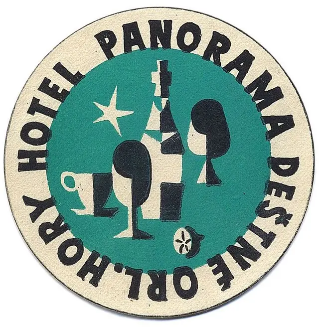 Vintage circular hotel luggage label with bottle and glasses (teal center)