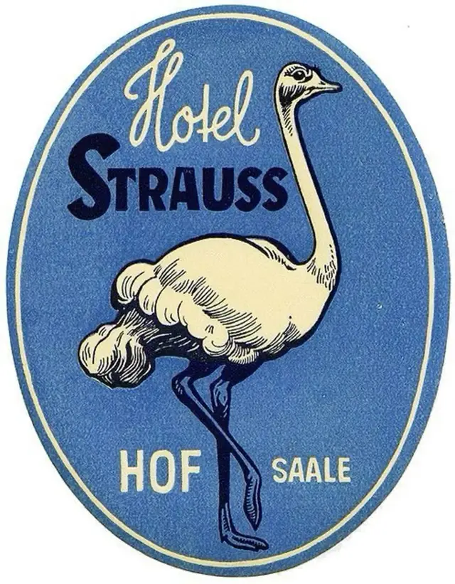 Hotel Strauss vintage luggage label — ostrich illustration, Hof (Saale)