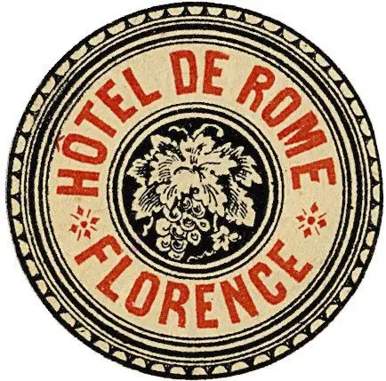 Vintage circular luggage label: "Hotel de Rome Florence"