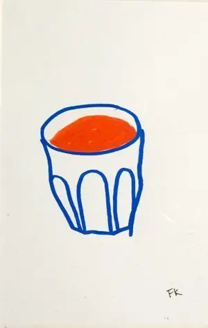 Blue-Outlined Faceted Glass with Bright Orange Liquid — marker on paper