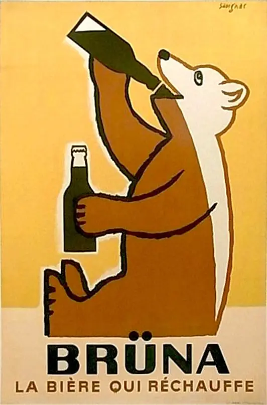 Vintage French beer poster — bear drinking from bottle, 'BRÜNA'