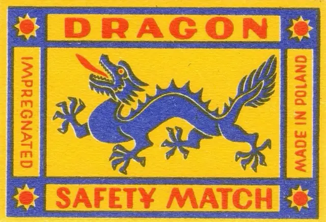 Vintage 'Dragon' Safety Matchbox Label — Made in Poland